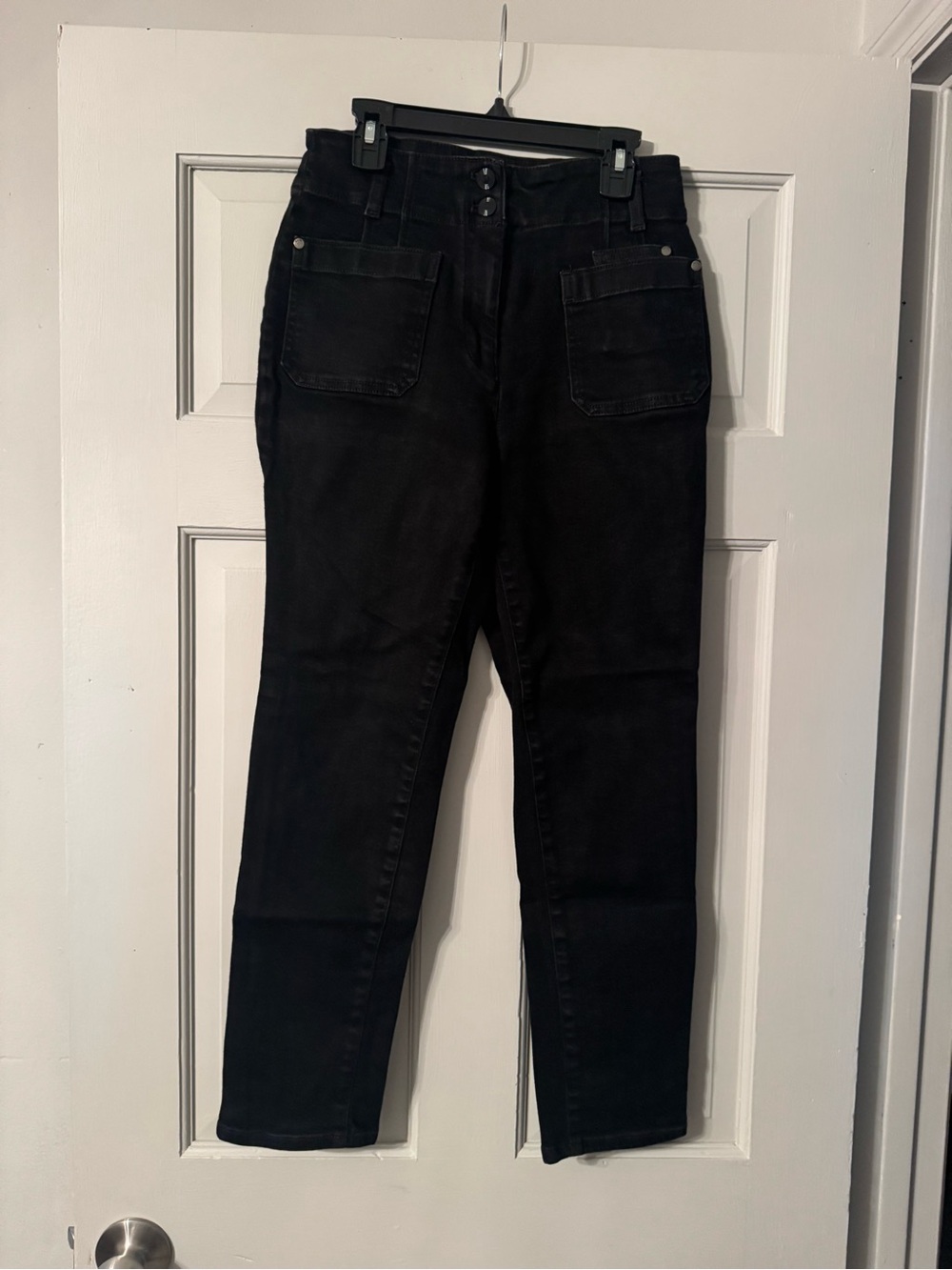 Maeve Black High-Rise Tapered Jeans with Front Patch Pockets